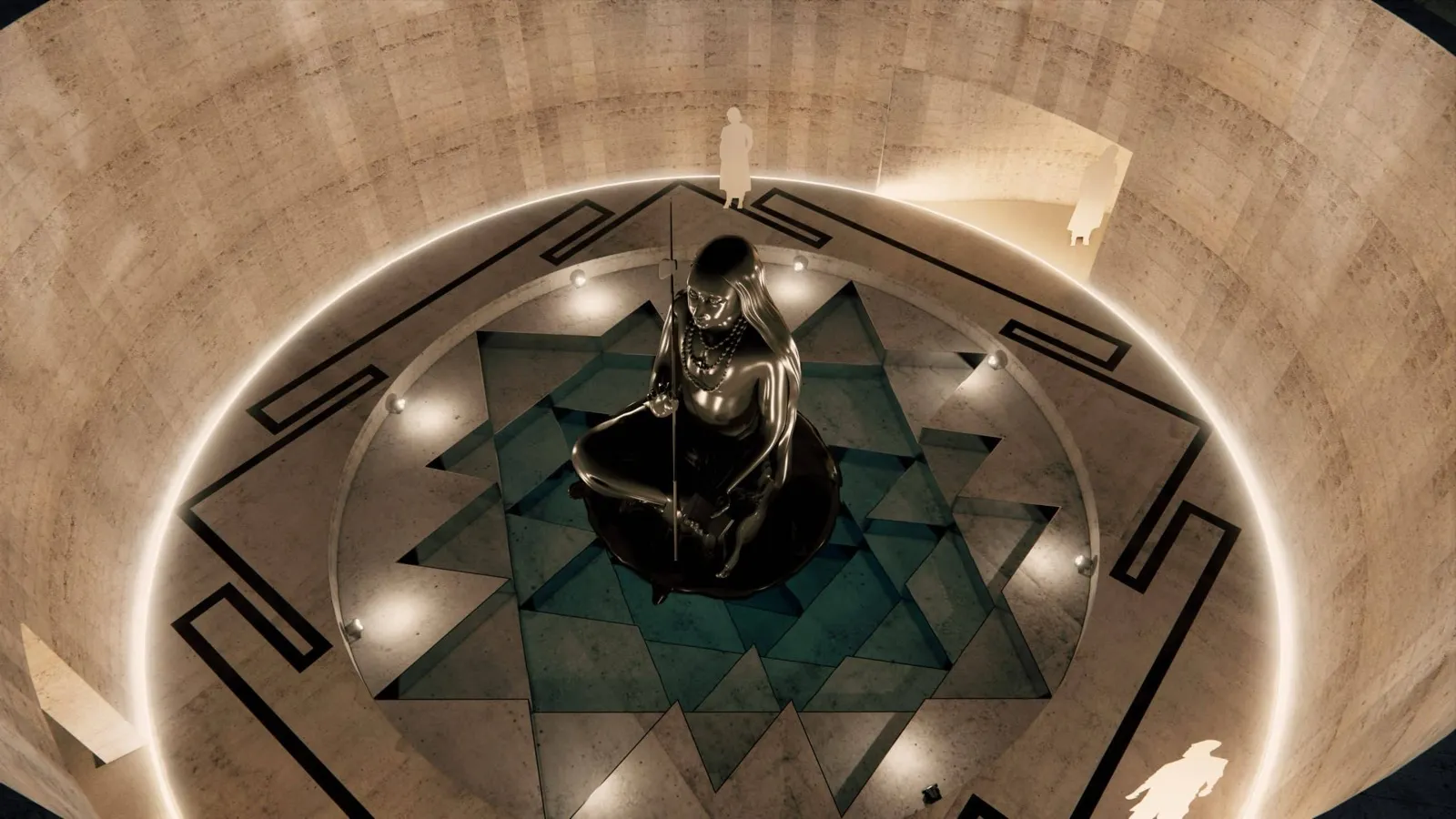Overhead night view of the lit Adi Shankaracharya statue at the centre of its circular enclosure, standing on a Sri Yantra pattern set into the floor