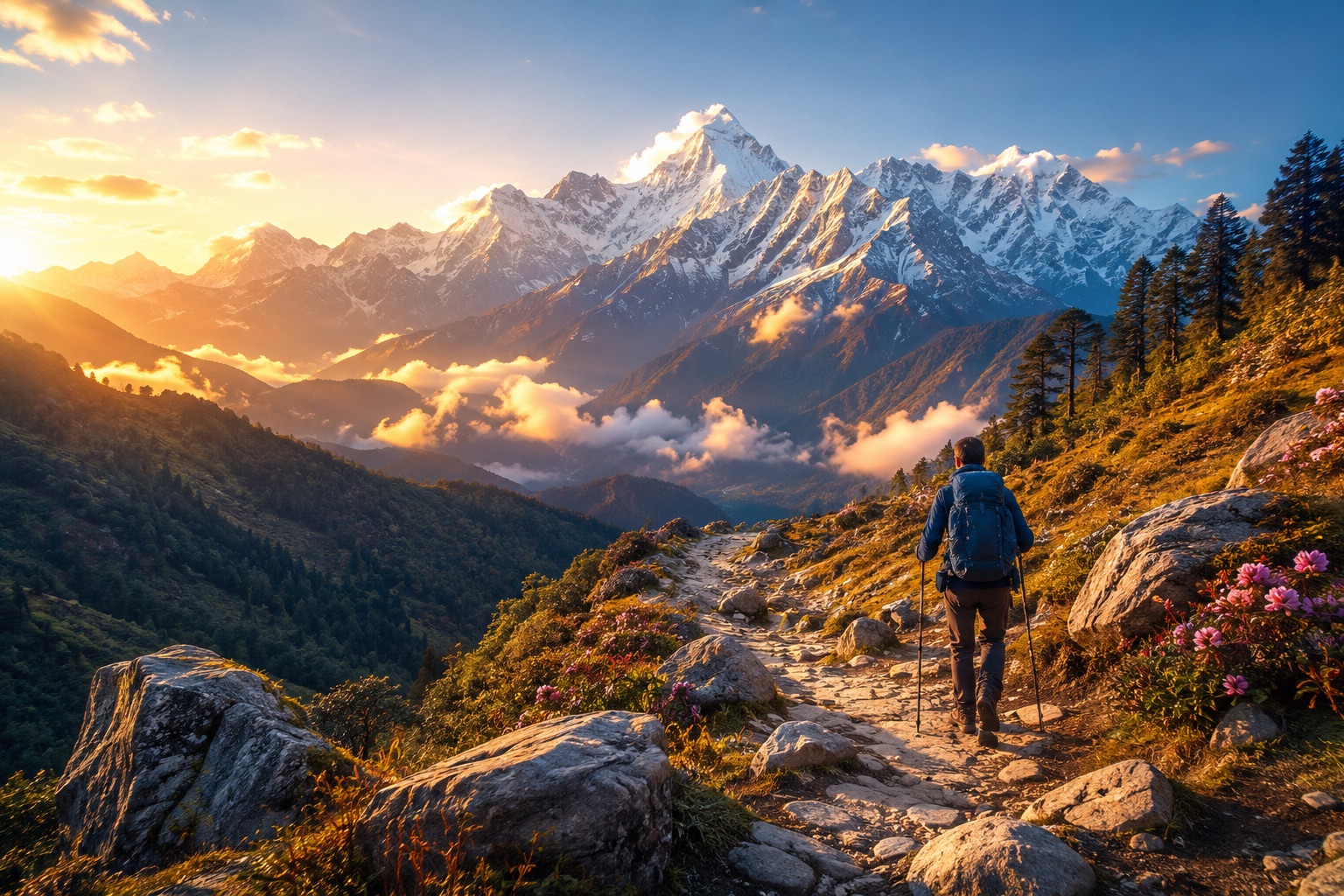 A lone trekker with a backpack and trekking poles climbing a stone trail towards snow-capped Himalayan peaks at sunrise, with cloud filling the valley below and pink rhododendrons along the path