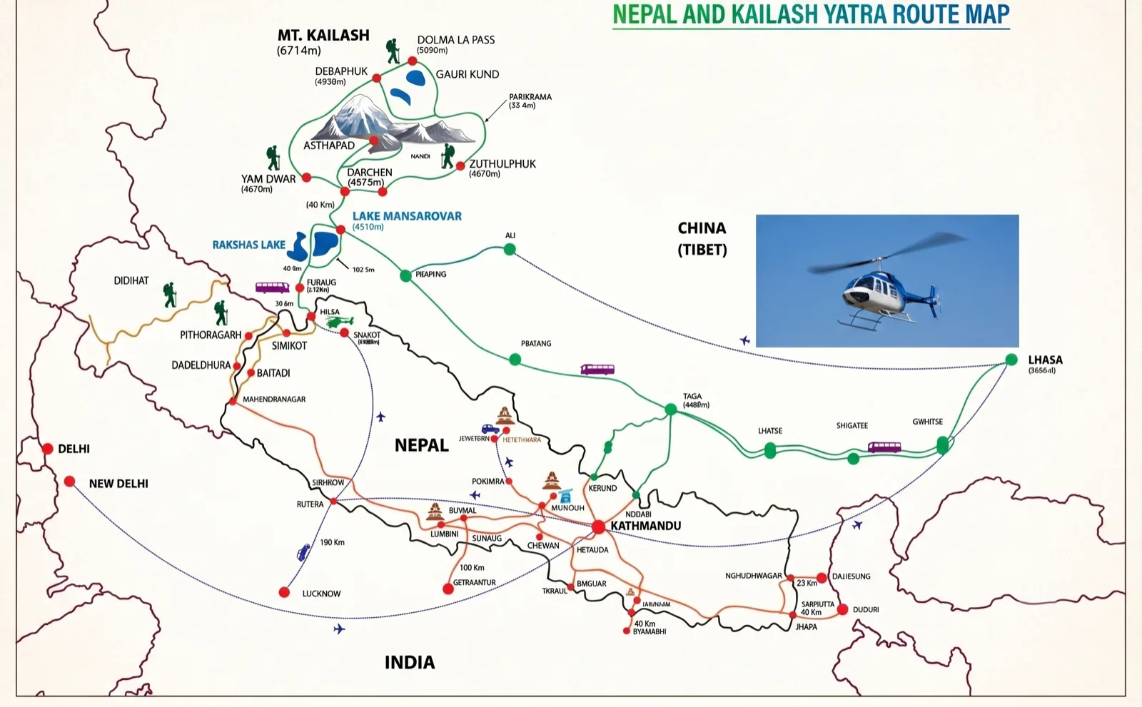 Route map of Nepal and the Kailash Yatra, showing the roads and helicopter legs from Kathmandu and Nepalganj through Simikot and Hilsa to Taklakot, Lake Mansarovar and Mount Kailash in Tibet